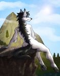  4_toes ambiguous_gender anthro black_hair black_nose black_pawpads canine detailed_background digital_media_(artwork) enaya-thewhitewolfen fur hair mammal pawpads solo toes white_fur wolf 