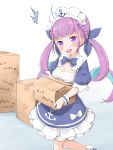  1girl ahoge anchor_symbol blush box braid breasts breasts_on_box cardboard_box commentary_request drill_hair frilled_skirt frills hair_ribbon highres hololive long_hair maid_headdress medium_breasts minato_aqua multicolored_hair open_mouth pirason purple_eyes purple_hair ribbon saliva simple_background skirt solo surprised twin_drills twintails virtual_youtuber white_background 