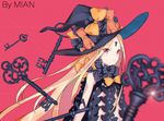  abigail_williams_(fate/grand_order) black_bow blonde_hair bow breasts eyebrows_visible_through_hair facial_mark fate/grand_order fate_(series) film_grain forehead_mark hat hat_bow highres key keyhole long_hair mian.h orange_bow polka_dot polka_dot_bow red_eyes revealing_clothes small_breasts solo very_long_hair witch_hat 