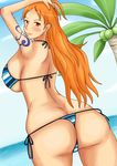 1girl alone ass back bare_shoulders beach bikini blush breasts brown_eyes curvy earring female hips huge_breasts large_ass long_hair momo_765 nami_(one_piece) nipples one_piece orange_hair pose sea smile solo tattoo thighs tree wide_hips 