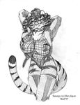  1997 anthro big_breasts boots breasts claws clothing feline female footwear hair inviting leather looking_at_viewer mammal monochrome nipples seductive smile solo stripes tiger wolfkidd 