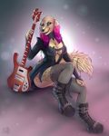 2017 5_fingers anthro black_nose blue_eyes boots breasts canine clothed clothing digitigrade dog eyeliner female footwear fully_clothed fur grey_background guitar hair hettie holding_object legwear looking_aside makeup mammal multicolored_hair musical_instrument pink_fur pink_hair punk purple_hair rocker saluki simple_background sitting solo stockings tan_fur tan_skin tattoo 