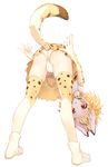  animal_ears arare_mochiko ass bent_over blonde_hair bow bowtie commentary_request elbow_gloves full_body gloves highres kemono_friends multicolored multicolored_clothes multicolored_legwear panties red_eyes serval_(kemono_friends) serval_ears serval_print serval_tail shoes simple_background skirt solo tail thighhighs underwear white_background white_panties yellow_gloves yellow_legwear yellow_neckwear yellow_skirt 