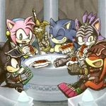  3boys amy_rose armor blaze_the_cat book chili_dog closed_eyes food green_eyes happy knight knuckles_the_echidna laughing lowres multiple_boys multiple_girls one_eye_closed reading shadow_the_hedgehog sitting smile sonic sonic_and_the_black_knight sonic_the_hedgehog sword weapon yellow_eyes 