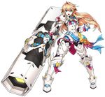  :o ahoge armor blonde_hair blue_eyes blue_ribbon boots brown_hair cannon chung_seiker elsword full_armor full_body gloves hair_flaps holding holding_weapon huge_weapon iron_paladin_(elsword) long_hair looking_at_viewer male_focus multicolored_hair official_art open_mouth red_ribbon ress ribbon solo standing streaked_hair thigh_boots thighhighs transparent_background two-tone_hair weapon 