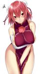  annoyed bandaged_arm bandages bangs bare_shoulders breast_hold breasts bun_cover china_dress chinese_clothes clenched_teeth collarbone commentary_request cowboy_shot double_bun dress flower groin hair_between_eyes hair_ornament hair_ribbon hand_on_breast hand_up highres ibaraki_kasen large_breasts legs_together looking_at_viewer naked_tabard no_bra no_panties onineko-chan open_mouth panties pink_flower pink_rose red_eyes red_hair red_ribbon ribbon rose short_hair sideboob simple_background solo squiggle standing tabard teeth thighs touhou underwear white_background 