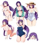  :d =_= all_fours arm_up armpits arms_behind_head bare_legs barefoot bikini black_ribbon breasts casual_one-piece_swimsuit cleavage commentary competition_school_swimsuit covered_navel cropped_legs frilled_swimsuit frills green_eyes grin halter_top halterneck hat hat_ribbon highres jacket kurokawa_makoto large_breasts long_hair love_live! love_live!_school_idol_project low_twintails multiple_views navel one-piece_swimsuit one_eye_closed open_clothes open_jacket open_mouth purple_bikini purple_hair ribbon school_swimsuit side-tie_bikini simple_background smile stomach straw_hat swimsuit thigh_gap toujou_nozomi twintails very_long_hair white_background white_bikini white_swimsuit 