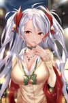  alternate_costume azur_lane bell black_choker breasts choker cleavage cross cross_necklace eyebrows_visible_through_hair hair_bell hair_ornament highres iron_cross jewelry large_breasts long_hair looking_at_viewer necklace prinz_eugen_(azur_lane) red_eyes seedkeng silver_hair solo twintails upper_body 