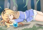  ass bangs black_legwear black_ribbon blonde_hair blue_dress blurry blurry_background blush broken broken_staff closed_eyes commentary_request day depth_of_field dress eyebrows_visible_through_hair hair_ribbon highres long_hair long_sleeves lying on_ground on_stomach orb original outdoors panties parted_lips ribbon sekira_ame solo staff tears thighhighs torn_clothes torn_dress translation_request tree two_side_up underwear very_long_hair white_panties 