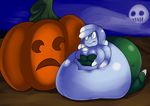  belly big_belly big_breasts blue_eyes blue_skin breasts clothed clothing costume cute dress female food fruit ghost green_clothing green_dress hair halloween holidays hyper hyper_belly morbidly_obese not_furry obese overweight pumpkin quasi quasi-ghost smile spirit sweer-tomato tentacles 