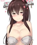  absurdres areola_slip areolae blush breasts brown_eyes brown_hair cherry_blossoms closed_mouth collarbone embarrassed eyebrows_visible_through_hair hair_between_eyes headgear highres kantai_collection kiritto long_hair looking_at_viewer medium_breasts metal_bra petals ponytail sidelocks simple_background solo topless twitter_username type_91_armor-piercing_shell upper_body white_background yamato_(kantai_collection) 