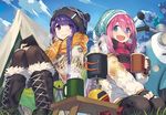  aemochi blue_eyes blue_hair blush boots cellphone chair commentary cup day eyebrows eyebrows_visible_through_hair gloves grass ground_vehicle hat kagamihara_nadeshiko long_hair looking_at_viewer motor_vehicle motorcycle mountain mug multiple_girls open_mouth outdoors phone pink_hair purple_eyes purple_hair scarf seiza shima_rin sitting sky smartphone smile table tent thighhighs yamaha_vino yurucamp 