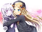  :d abigail_williams_(fate/grand_order) bangs black_bow black_dress black_hat blonde_hair blue_eyes blush bow commentary_request dress eyebrows_visible_through_hair fate/grand_order fate_(series) forehead hair_between_eyes hair_bow hat horn hug lavinia_whateley_(fate/grand_order) long_hair long_sleeves looking_at_viewer multiple_girls open_mouth orange_bow parted_bangs parted_lips polka_dot polka_dot_bow purple_eyes sakura_tsubame silver_hair sleeves_past_fingers sleeves_past_wrists smile star sweat very_long_hair 