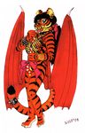  1993 anthro big_breasts bracelet breasts candy candy_cane collar ear_piercing fangs feline female food jewelry looking_at_viewer mammal membranous_wings nipplepiercing piercing ponytail saber-toothed_cat solo spiked_collar spikes tiger wings wolfkidd 