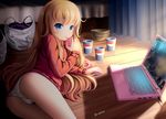  ahoge ass bag bed blonde_hair blue_eyes blush_stickers bowl commentary computer cup curtains disposable_cup dkoro drinking english_commentary gabriel_dropout highres jacket juice_box laptop long_hair long_sleeves looking_back lying md5_mismatch messy_hair mouse_(computer) on_floor on_side panties plastic_bag signature solo tenma_gabriel_white thighs track_jacket twitter_username underwear video_game white_panties wooden_floor 