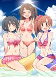 3girls :d ^_^ ahoge ass bangs bare_shoulders beach bikini bikini_skirt black_hair blue_sky blush bow breasts brown_eyes brown_hair celebi_ryousangata checkered checkered_bikini cleavage closed_eyes cloud collarbone day double_v eyebrows_visible_through_hair eyes_closed floral_print frilled_bikini frills front-tie_bikini front-tie_top hair_bow half_updo halter_top halterneck highres idolmaster idolmaster_cinderella_girls igarashi_kyouko inflatable_shark inflatable_toy jewelry kohinata_miho long_hair looking_at_viewer medium_breasts multiple_girls navel necklace one_side_up open_mouth outdoors pink_bikini red_bikini shimamura_uzuki short_hair side-tie_bikini side_ponytail sitting sky smile standing sun swimsuit v water 