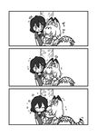  2girls :p ^_^ animal_ears arm_hug bangs blush bow bowtie closed_eyes comic elbow_gloves eyebrows_visible_through_hair flying_sweatdrops gloves greyscale hair_between_eyes high-waist_skirt highres kaban_(kemono_friends) kemono_friends kotobuki_(tiny_life) licking looking_at_another lying monochrome multiple_girls serval_(kemono_friends) serval_ears serval_print serval_tail short_hair short_sleeves silent_comic sitting skirt smile sweatdrop tail tongue tongue_out translated tree triangle_mouth under_tree white_background 