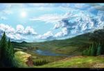 blue_sky church cliff cloud cloudy_sky commentary commission day english_commentary field forest horizon lake landscape lasoldatmort meadow mountain mountainous_horizon nature no_humans original outdoors ringworld signature sky sun sunlight village watermark web_address 