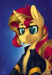  2017 clothing equestria_girls equine female feral friendship_is_magic fur hair horn loneless-art looking_at_viewer mammal multicolored_hair my_little_pony simple_background sunset_shimmer_(eg) two_tone_hair unicorn 