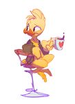 &lt;3 anthro avian beverage bird bottomless chair clothed clothing coffee cup duck feathers male simple_background solo white_background xepxyu yellow_feathers 
