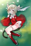  ahoge animal_ears blonde_hair brown_eyes closed_mouth dress from_above highres kneehighs linhe_de_chuangzi long_sleeves looking_at_viewer lying on_back original panties pantyshot pantyshot_(lying) petticoat red_dress red_legwear red_panties short_hair smile solo tail thigh_strap underwear yellow_eyes 