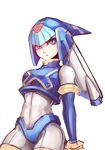  android arm_behind_back blue_eyes bodysuit bracelet breasts capcom commentary_request ct_wind helmet jewelry leviathan_(rockman) medium_breasts rockman rockman_zero simple_background solo white_background 