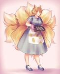  alternate_costume animal_ears blonde_hair blush chocolate_chip_cookie commentary cookie dress food fox_ears fox_tail grin high_heels highres housewife looking_at_viewer multiple_tails orz_(kagewaka) oven_mitts short_hair smile solo tail touhou tray unmoving_pattern when_you_see_it yakumo_ran yellow_eyes 