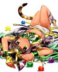  :3 animal_ears anklet bangs barefoot bastet_(p&amp;d) black_hair blunt_bangs blush bracer cat_ears cat_tail dark_skin edel_(edelcat) egyptian fang_out green_eyes hair_ornament headpiece jewelry long_hair looking_at_viewer lying navel on_back orb puzzle_&amp;_dragons revision simple_background skirt solo strapless tail thigh_gap tubetop upside-down white_background white_skirt 