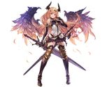  armor bare_shoulders black_gloves black_skirt blonde_hair breasts dark_angel_olivia eyebrows_visible_through_hair feathers full_body gloves granblue_fantasy horns long_hair looking_at_viewer medium_breasts minaba_hideo official_art pleated_skirt red_eyes shadowverse shingeki_no_bahamut skirt sleeveless smile solo standing sword thighhighs transparent_background weapon wings zettai_ryouiki 
