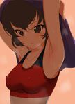  armpits arms_behind_head arms_up bangs breasts brown_eyes brown_hair caesar_(girls_und_panzer) crop_top denkaisui girls_und_panzer orange_background parted_lips red_shirt shirt short_hair sleeveless small_breasts solo sports_bra stain steam sweat tank_top upper_body 