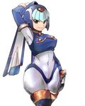  android arm_behind_head arm_over_head armpits bodysuit bracelet breasts byte_(grunty-hag1) capcom commentary_request covered_navel gloves hand_on_head helmet jewelry large_breasts leviathan_(rockman) looking_at_viewer navel rockman rockman_zero simple_background skin_tight smile solo tight white_background white_gloves wide_hips 