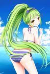  :p absurdres ass azur_lane bikini blue_bikini blue_ribbon blue_sky blush bow day green_hair hair_bow highres long_hair looking_at_viewer looking_back ocean ponytail ribbon shropshire_(azur_lane) skirt sky solo striped striped_bikini swimsuit tongue tongue_out tsunamayo_(flying_cat) twitter_username yellow_eyes 