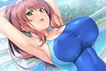  1girl :o arched_back armpits arms_behind_head blue_sky blue_swimsuit blush breasts brown_hair building cleavage cloud collarbone competition_swimsuit covered_navel day dutch_angle earrings erect_nipples eyebrows eyebrows_visible_through_hair fingernails flower_earrings forest game_cg green_eyes house inosaki_mako jewelry large_breasts long_hair looking_at_viewer mochizuki_nozomu nature ole-m one-piece_swimsuit open_mouth outdoors plant ponytail pool round_teeth saimin_class_wonderful side_ponytail sitting skin_tight sky solo swimsuit tareme teeth tree water 