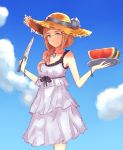  1girl blue_eyes blue_sky bracelet breasts brown_hair cleavage cloud collarbone dress felicia_(fire_emblem_if) fire_emblem fire_emblem_if food fruit hair_over_shoulder hat highres holding holding_knife holding_plate jewelry knife layered_dress leatzche long_hair looking_at_viewer medium_breasts necklace nintendo outdoors plate sky sleeveless sleeveless_dress smile solo standing straw_hat sun_hat sundress watermelon white_dress yellow_hat 