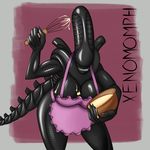  2017 alien alien_(franchise) apron big_breasts breasts claws clothed clothing digital_media_(artwork) female hi_res huge_breasts humanoid mxwqtkl naked_apron not_furry simple_background smile solo text xenomorph 