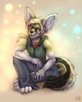  2017 4_toes 5_fingers anthro big_ears black_nose blonde_hair blue_eyes canine clothed clothing fennec fox fully_clothed fur glass gloves_(marking) hair hand_on_leg hettie hoodie jeans looking_aside male mammal markings pants simple_background sitting smile solo toes white_fur yellow_fur 