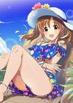 alternate_costume ass_visible_through_thighs blue_sky breasts brown_eyes brown_hair cloud commentary_request day eyebrows_visible_through_hair idolmaster idolmaster_cinderella_girls large_breasts long_hair looking_at_viewer natsuya open_mouth outdoors sitting sky solo sunlight swimsuit totoki_airi twintails 