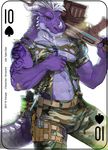  2017 5_fingers abs anthro assault_rifle biceps blue_eyes card clothed clothing digital_media_(artwork) dragon fonyaa gun hair handgun holding_object holding_weapon horn male military muscular muscular_male navel pecs playing_card ranged_weapon rifle scalie simple_background smile solo standing tattoo topless torn_clothing weapon 