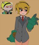  blonde_hair bottomless brown_eyes captain_kirb collared_shirt commentary dress_shirt gloves green_gloves grey_shirt hairband looking_down mandy multiple_views necktie raised_eyebrow red_neckwear sepia_background shirt short_hair simple_background the_grim_adventures_of_billy_&amp;_mandy thigh_gap thighs upper_body 