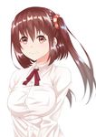  blush breast_pocket breasts brown_eyes brown_hair closed_mouth collared_shirt ebina_nana eyebrows_visible_through_hair highres himouto!_umaru-chan hofumaso large_breasts long_hair long_sleeves looking_at_viewer pocket shirt smile solo twintails upper_body 