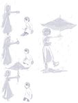  1boy 1girl closed_mouth comic commentary_request core dress goo_girl holding holding_umbrella idon leg_up long_sleeves looking_up monster_girl original outstretched_arm rain raincoat shared_umbrella simple_background smile standing standing_on_one_leg thumbs_up umbrella white_background 