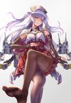  ajax_(azur_lane) azur_lane bangs beret black_legwear blush breasts capelet closed_eyes commentary crossed_legs detached_sleeves eyebrows_visible_through_hair hat hayataku1234 highres long_hair looking_at_viewer pantyhose purple_hair red_eyes red_skirt remodel_(azur_lane) simple_background sitting skirt small_breasts smile solo turret two_side_up white_capelet 