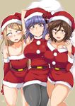  :d aoi_manabu aqua_eyes arm_behind_head armpits bare_shoulders belt black_legwear blonde_hair blush breasts brown_eyes brown_hair collarbone dagashi_kashi endou_saya flat_chest girl_sandwich glasses gloves hair_ornament hairclip long_hair looking_at_viewer multiple_girls open_mouth owari_hajime pantyhose purple_hair red_gloves sandwiched santa_costume shidare_hotaru short_hair smile 