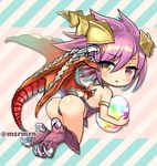  :o armlet armor ass bare_shoulders blush claws commentary_request detached_collar dragon_girl dragon_horns dragon_tail dragon_wings full_body heterochromia holding horns looking_at_viewer looking_back marshmallow_mille parted_lips purple_eyes purple_hair puzzle_&amp;_dragons scales solo sonia_(p&amp;d) tail twitter_username wings yellow_eyes 