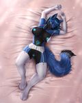  2017 4_toes 5_fingers anthro arm_warmers armwear bed bed_sheet bedding big_breasts black_fur black_nose blue_eyes blue_fur blue_hair bra breasts canine clothing digitigrade female fox fur garter_belt garter_straps glowing glowing_breasts glowing_nipples glowing_pussy hair hettie high-angle_view humanoid_pussy legwear looking_at_viewer looking_up lying mammal multicolored_fur nipples on_back open_bra pose pussy raised_arm smile solo stockings toes two_tone_fur underwear 