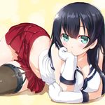  agano_(kantai_collection) aqua_eyes black_hair breasts commentary_request dd_(ijigendd) garter_straps gloves highres kantai_collection large_breasts long_hair miniskirt single_strap single_thighhigh skirt solo thighhighs white_gloves 