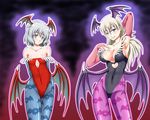  blue_eyes blush breasts demon_wings eila_ilmatar_juutilainen hiro_yoshinaka large_breasts looking_at_viewer medium_breasts morrigan_aensland_(cosplay) purple_eyes sanya_v_litvyak strike_witches vampire_(game) white_hair wings world_witches_series 