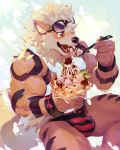  2019 abs anthro arcanine biceps big_muscles black_fur black_nose blue_eyes bulge canine cherry claws clothed clothing dessert eyewear fangs food fruit fur glasses hair ice_cream jockstrap male mammal muscular muscular_male neck_tuft nintendo nipples null-ghost open_mouth orange_fur pecs pointy_ears pok&eacute;mon pok&eacute;mon_(species) shirt sitting solo striped_underwear stripes sweat tank_top teeth tongue tongue_out tuft underwear video_games white_fur wristband 