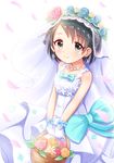  basket black_eyes black_hair blush braid dress earrings flower_basket gloves hair_ornament highres idolmaster idolmaster_cinderella_girls jewelry looking_at_viewer necklace sasaki_chie shisight short_hair smile solo standing veil wedding_dress white_dress white_gloves 