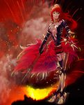  artist_request breasts cleavage commentary cosplay fate/apocrypha fate_(series) green_eyes highres karna_(fate) karna_(fate)_(cosplay) long_hair polearm possessed pyrrha_nikos red_hair rwby solo spear spiked_armlet weapon 